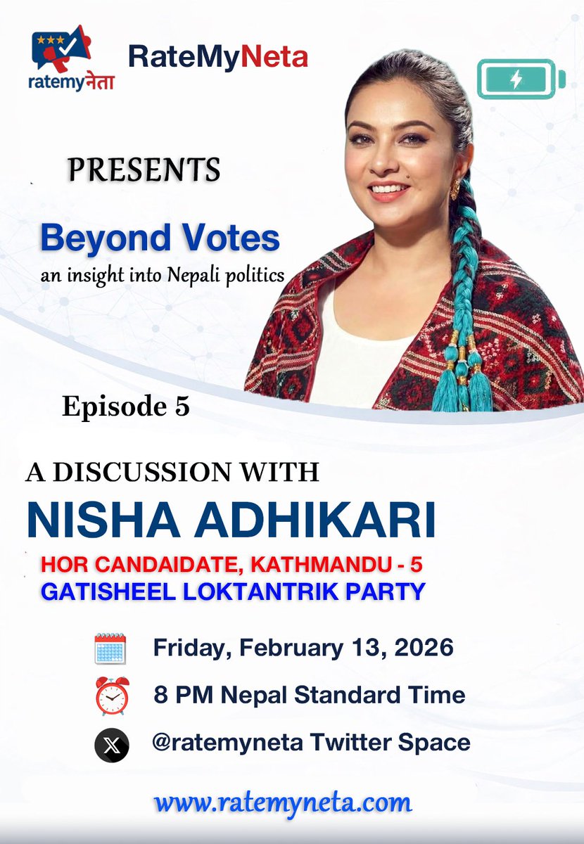 ratemyneta's tweet photo. 🎙️ Beyond Votes | Episode 5
We’re excited to welcome Nisha Adhikari (@nishaadhikari4u), Gatisheel Party's candidate for HoR from Kathmandu-5 . 

Join us as we discuss beyond campaign slogans and dive into her vision, priorities, and the issues that matter to voters. https://t.co/O7YaUtzhwj