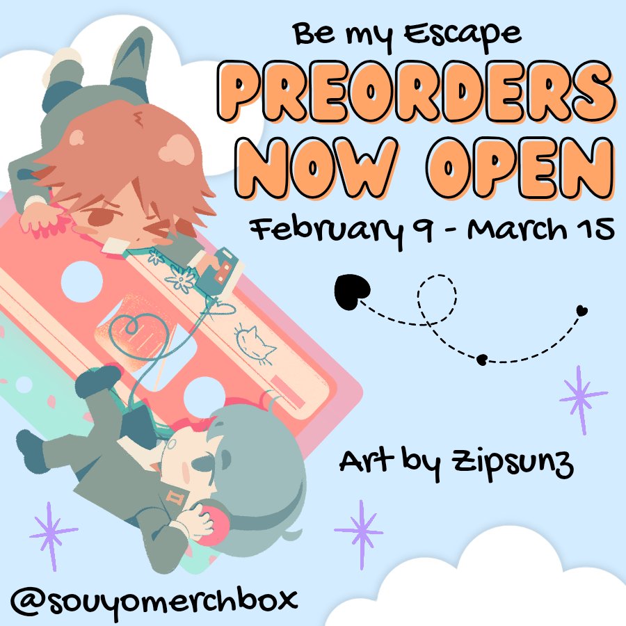 🧡 PREORDERS NOW OPEN! 🩶

You read the headline! Preorders for Be My Escape: Souyo Merch Box are now OPEN through March 15! View our thread below for info about our EARLY BIRD SPECIAL, stretch goals, and more! 💕 souyomerchbox.bigcartel.com