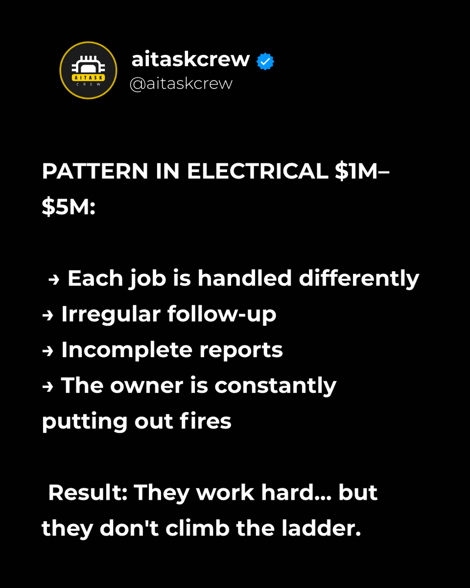 aitaskcrew's tweet photo. Write "EXECUTION" to us and we'll audit it.

#AITaskCrew #ElectricalContractor #ElectricalBusiness #SkilledTrades #ServiceTitan #FieldServiceManagement #OperationalSystems #OperationsManagement #AIForContractors #ServiceBusinessGrowth https://t.co/eky8FzY29p