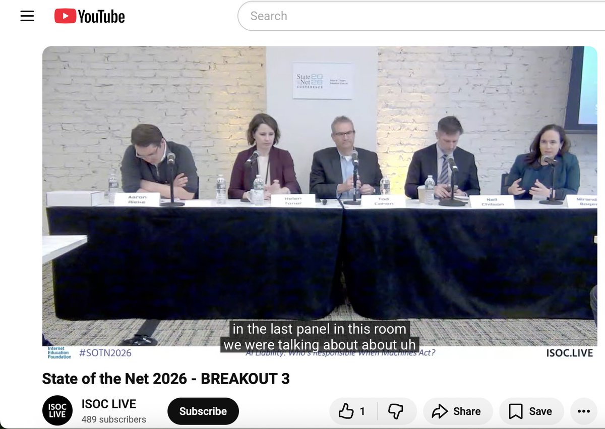 christinayiotis's tweet image. #SOTN2026 #AI #Liability: Who's Responsible When Machines Act? @CenDemTech AI Gov. Lab Director Miranda Bogen @manatt Partner Tod Cohen @CSETGeorgetown Interim Exec. Director Helen Toner @abundanceinst Head of AI Policy Neil Chilson Clarion AI Partners Sr. Partner Aaron Rieke