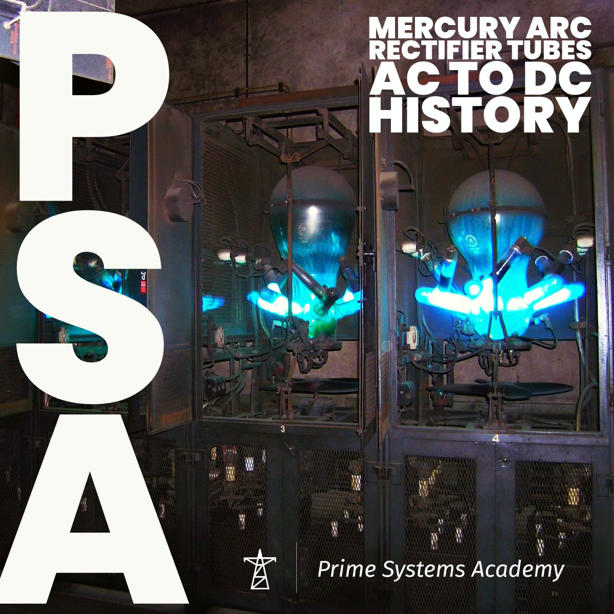 primesystemsedu's tweet photo. Mercury arc rectifier tubes were the original “solid state,” converting AC to DC for streetcars and industrial uses. That blue glow? It’s an electric arc in mercury vapor. Techs, which would you prefer to troubleshoot: these or modern IGBTs? https://t.co/vdFWz4cU4A