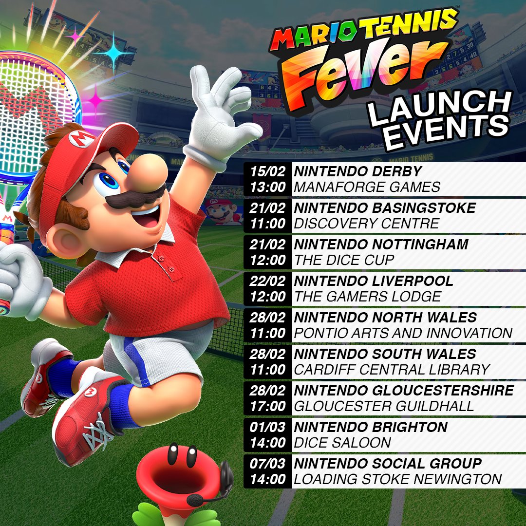 Tennis is served!

Racket up some mates and find your nearest community as we celebrate the launch of #MarioTennisFever on #NintendoSwitch2.

Find your nearest participating community here - 
tinyurl.com/npukfvr