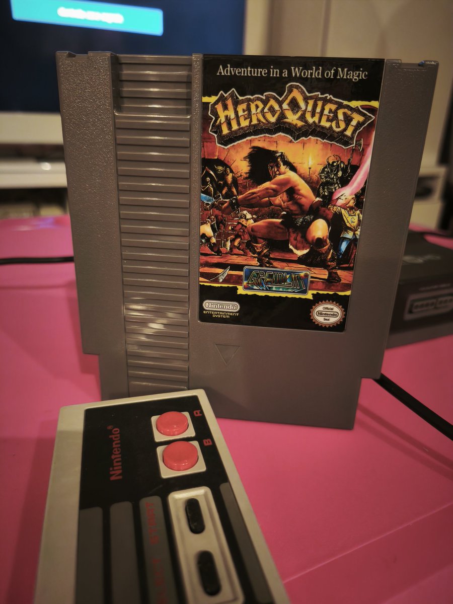 Heroquest Rom Hack for NES.
Available as a reproduction cartridge since the game was never completed at the time of this platform. This version allows to experience the board game's turn-based dungeon crawling, featuring combat, hidden passages, and character upgrades.

#Retro