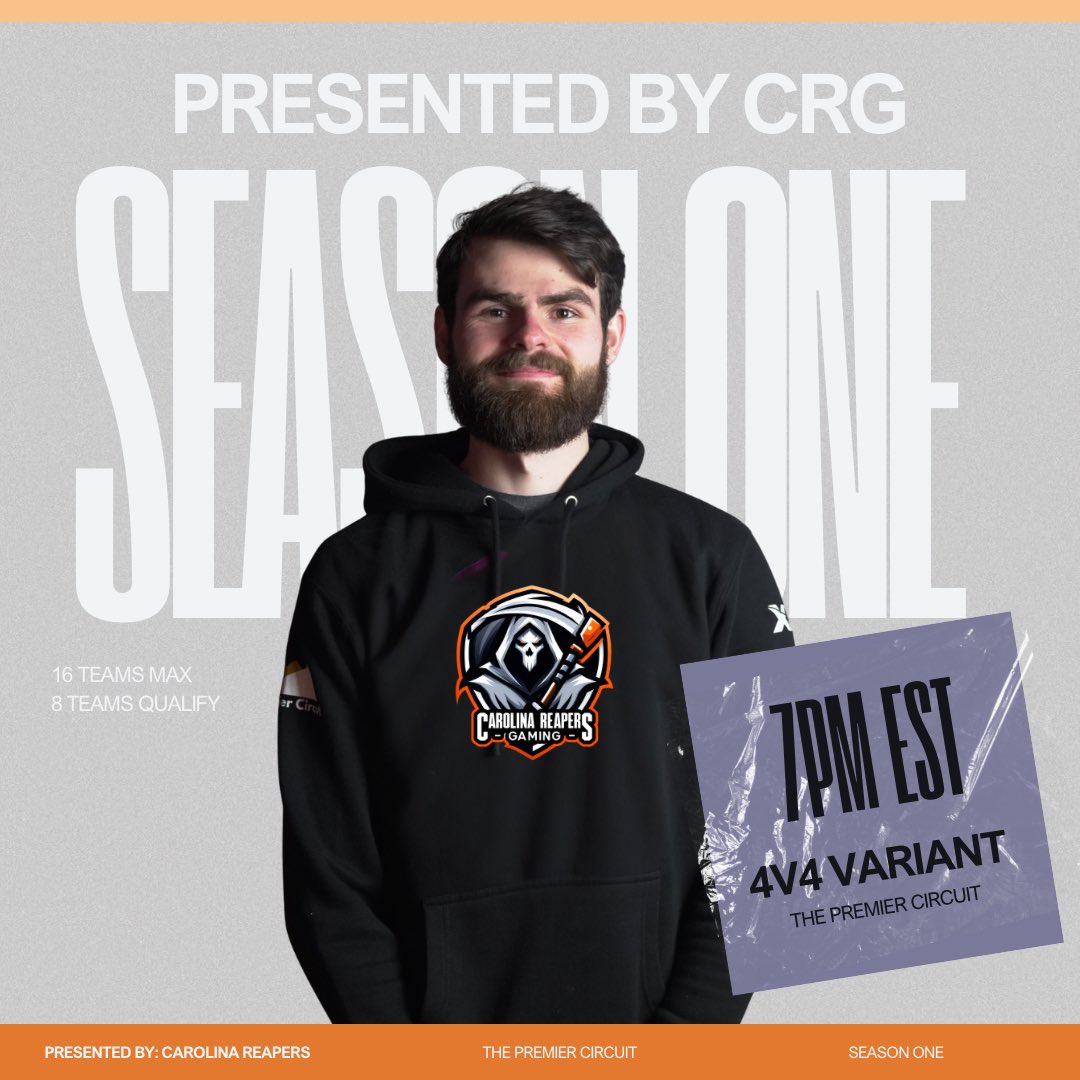 TODAY — <a href="/CarReapersG/">Carolina Reapers Gaming</a> Season One 
🔋Powered by: <a href="/ShintoGC/">Shinto Gaming Club</a> 
 
⚔️ 4v4 Variant 
🎟️ Limited spots — 8 teams qualify  
⏰ 7:30 PM ET 
📺 Twitch.tv/premier_circuit