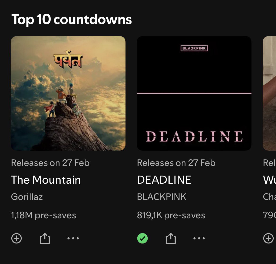 .<a href="/BLACKPINK/">BLACKPINKOFFICIAL</a>’s “DEADLINE” remains at #5 on Spotify’s top 10 countdowns chart with 819.1K (+24.7K) pre-saves.

PRE-SAVE • ADD • ORDER: orcd.co/blackpink-dead…