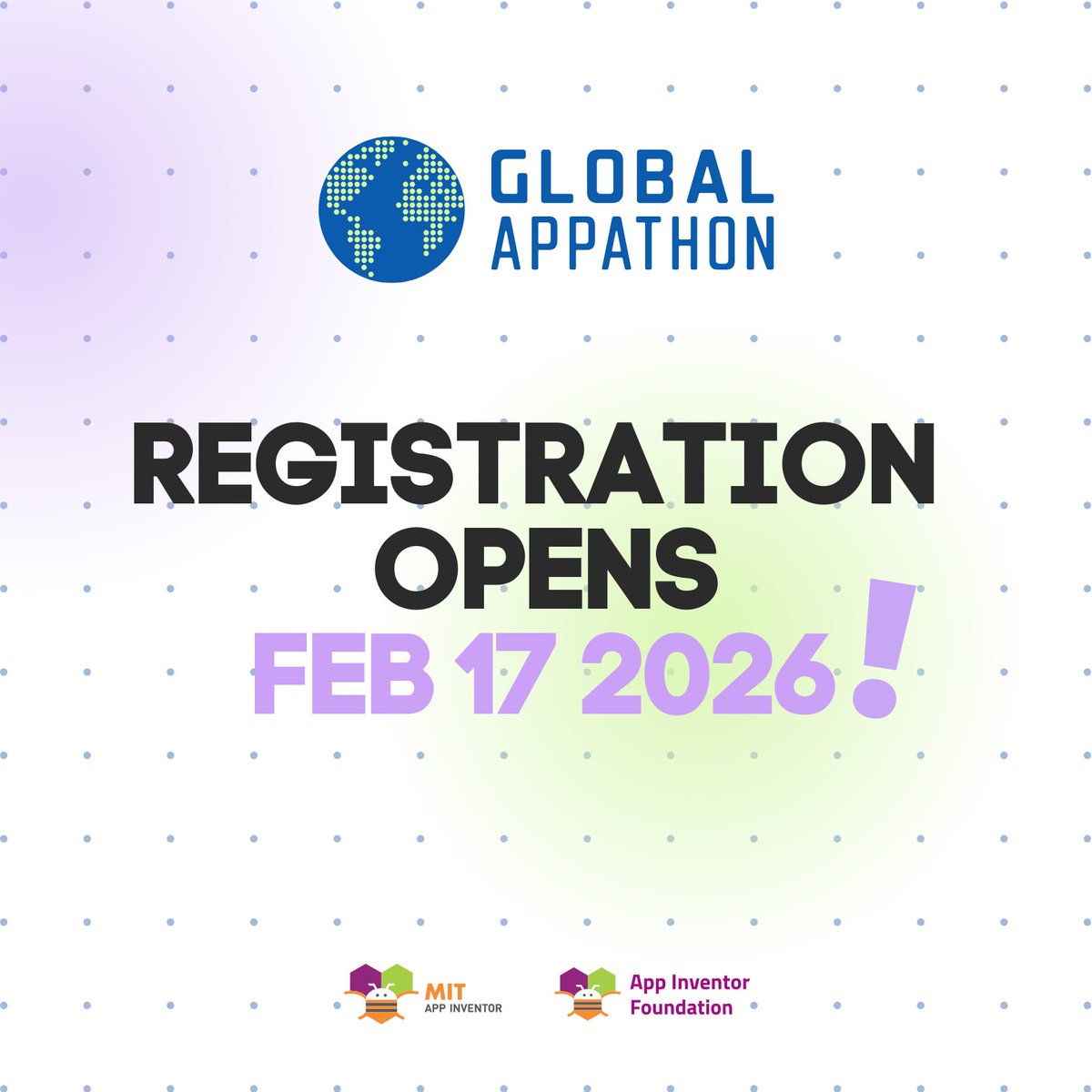 MITAppInventor's tweet image. 📅 Global Appathon registration opens February 17, 2026!

The Global Appathon is a free, virtual hackathon hosted by #MITAppInventor and the #AppInventorFoundation that encourages people around the world to build mobile apps for a cause. Stay tuned for more details! 🚀