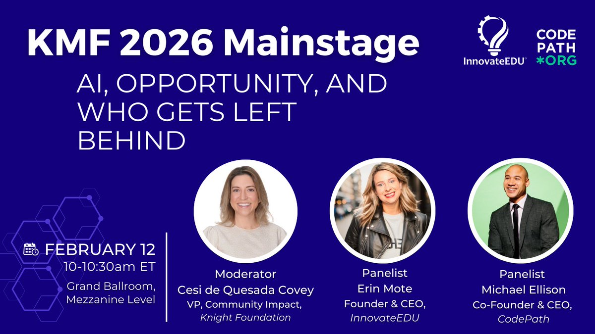innovateEDUny's tweet image. Who gets left behind in an AI-driven world? This isn’t a hypothetical. It’s a harsh reality we must grapple with.
Join @erinmote and @michaelwellison at #KMF2026 to discuss opportunity and mobility in the age of AI on February 12 at 10:15 am (ET)
#KMF2026 #AILiteracy #AIPolicy