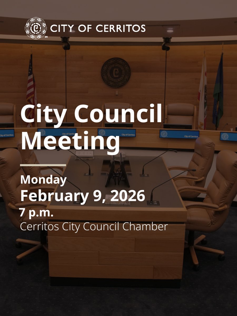 Join the City of Cerritos at the City Council Meeting tonight at 7 p.m. in the Cerritos City Council Chamber.

Read the Agenda here: cerritos.granicus.com/GeneratedAgend…

Watch live on the City's YouTube channel at youtube.com/CityofCerritos.