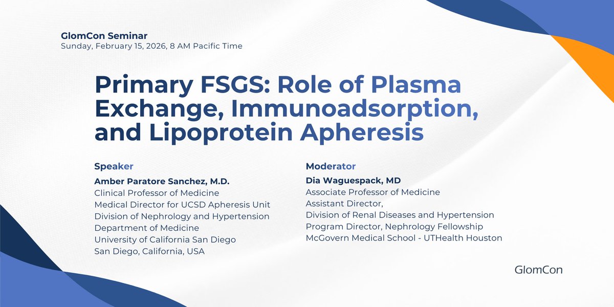 GlomCon's tweet photo. Join GlomCon this Sunday

Primary FSGS: Role of Plasma Exchange, Immunoadsorption, and Lipoprotein Apheresis by Dr. Amber Paratore Sanchez

ID: 817 4374 4653
Passcode: 202122

Sign up 👉🏻 https://t.co/fxh2CVvu76
#Glomcon https://t.co/3vcPvJ4swf