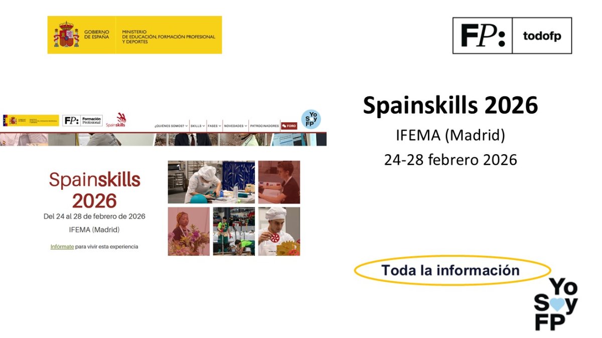 📣SpainSkills 2026 #TodoFP #YoSoyFP
🔴24 al 28 de febrero 2026. IFEMA (Madrid)
🔍Toda la información: spain-skills.es