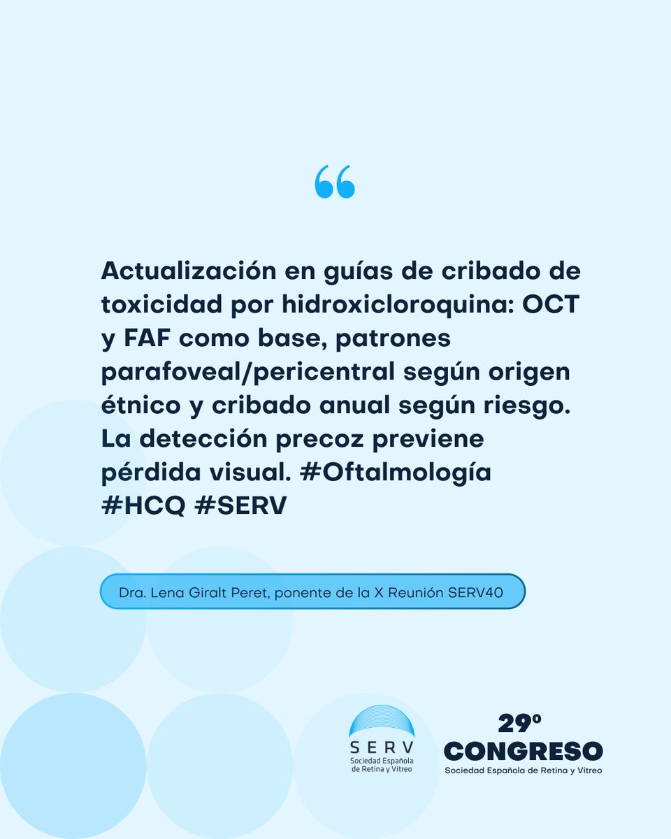 RetinaSERV's tweet photo. 🗣️ Palabras de la Dra. Lena Giralt Peret en la X Reunión SERV40
Una reflexión sobre la importancia del cribado actualizado en la toxicidad por hidroxicloroquina y el papel clave de la detección precoz para preservar la visión.
#Oftalmología #Retina #SERV40 https://t.co/tM0iFuFf0e