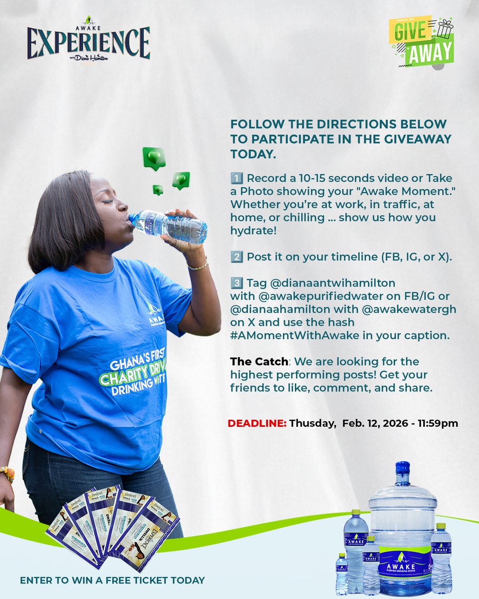Let's create the #buzz ... Do you have a cool video or photo with #awakepurifiedwater? Post it now and tag
<a href="/awakewatergh/">Awake Purified Drinking Water</a> with <a href="/dianaahamilton/">Diana Hamilton</a> for a chance to win a #premium ticket to #theexperience this weekend. 

Don't Miss Out on this #giveaway ...  #awakewater #dianahamilton