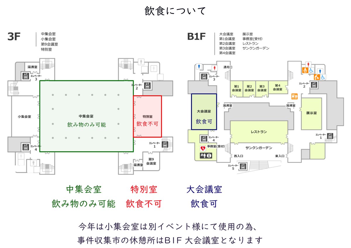 飲食について、誤記がありました。
正しくは本ポストの通りとなります。

中集会室：飲み物のみ可能
特別室　：飲食不可
大会議室：飲食可