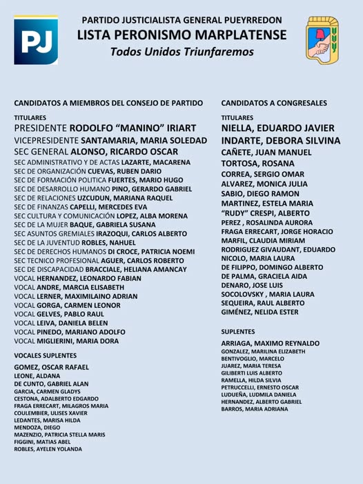 Referentes barriales, sindicales, jóvenes y no tanto, sobre todo militantes.
No dependemos de las peleas de arriba, ni de funcionarios.
Ya demostrados en la gestión de <a href="/Rapajuan/">Juan M. Rapacioli</a> que el PJ debe estar abierto para todas y todos.
Con afiliación permanente, con actividades diarias.