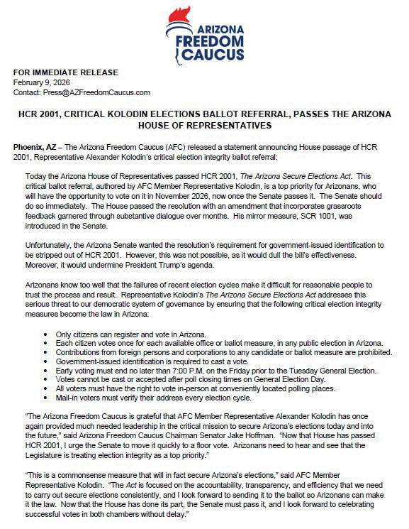 realAlexKolodin's tweet image. The Arizona Secure Elections ballot referral passed the AZ House today in a party-line vote. 

AZ House Republicans are not willing to compromise on what the people demand - voter ID and address confirmation to ensure that mail-in ballots are securely delivered to the correct