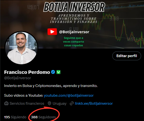 Me faltan 12 seguidores para llegar a 400.
Si te interesa el contenido sobre inversiones y cripto sin humo, te invito a seguirme 🙌