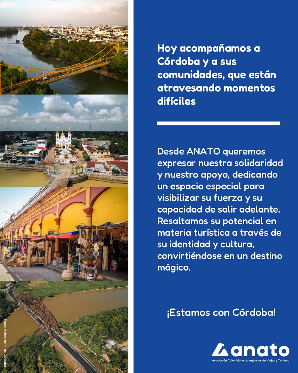 Desde ANATO acompañamos a Córdoba y a sus comunidades en este momento difícil.
Reconocemos su fuerza e identidad, además del potencial que la convierte en un destino lleno de magia.
¡Estamos con Córdoba! 💙
<a href="/PaulaCortesC/">Paula Cortés Calle</a> 
<a href="/GobCordoba_/">Gobernación de Córdoba</a>