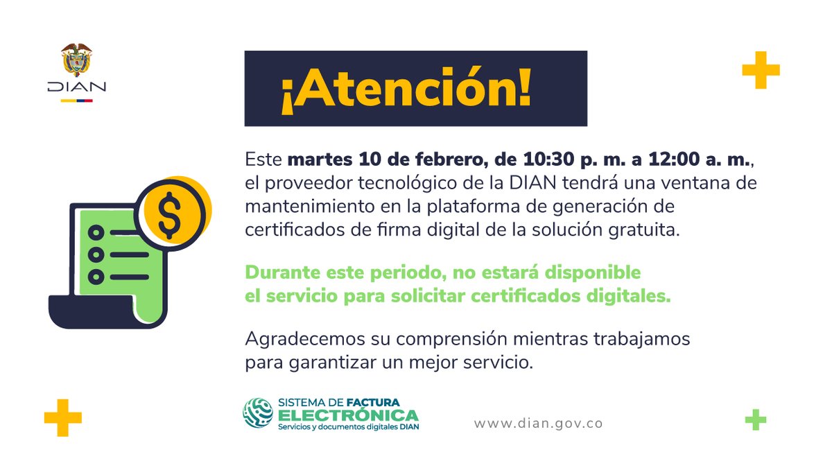 💻 Mejoras tecnológicas para un mejor servicio.

⚙️Durante este periodo, la DIAN adelanta ajustes para fortalecer sus soluciones digitales, lo que implica la suspensión temporal del servicio gratuito de solicitud de certificados de firma digital.

🤝 La DIAN agradece la
