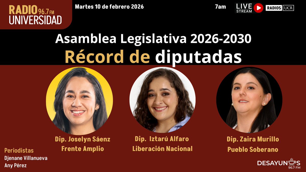 7am <a href="/anyperezcr/">Any Pérez</a> y <a href="/dvillanuevacnn/">Djenane Villanueva M</a> sobre los objetivos de diputaciones jóvenes con <a href="/joselyndiputada/">Joselyn Sáenz</a> de <a href="/FraccionFrente/">Fracción Frente Amplio</a> Iztarú Alfaro de <a href="/DiputadosPLN/">Fracción Liberación</a> y Zaira Murillo de Pueblo Soberano