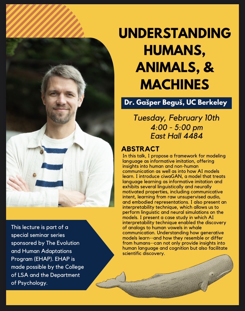 The first time I see a whale drawing on a talk announcement 💙 come to my talk and hear about AI interpretability, building realistic models of human learning and animal communication.