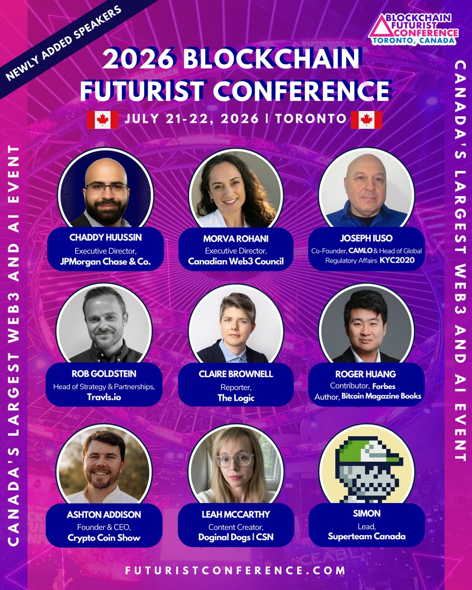 Your newly added speakers this week 🔥

▪️ Chaddy Huussin of <a href="/jpmorgan/">J.P. Morgan</a> Chase 
▪️ <a href="/MorvaRohani/">Morva Rohani</a> of <a href="/web3canada/">Canadian Web3 Council</a>
▪️ <a href="/jojomah/">Joseph Iuso🇨🇦</a> of <a href="/KYC_2020/">KYC2020</a> 
▪️ <a href="/robgoldstein/">Rob Goldstein</a> of <a href="/TRAVLSofficial/">TRAVLS.IO</a>
▪️ <a href="/clabrow/">Claire Brownell</a> of <a href="/the_logic/">The Logic</a> 
▪️ <a href="/RogerHuangNews/">Roger Huang</a> of <a href="/Forbes/">Forbes</a> and Bitcoin Magazine Books
▪️ <a href="/Ashton_Addison_/">Ashton Addison</a> of