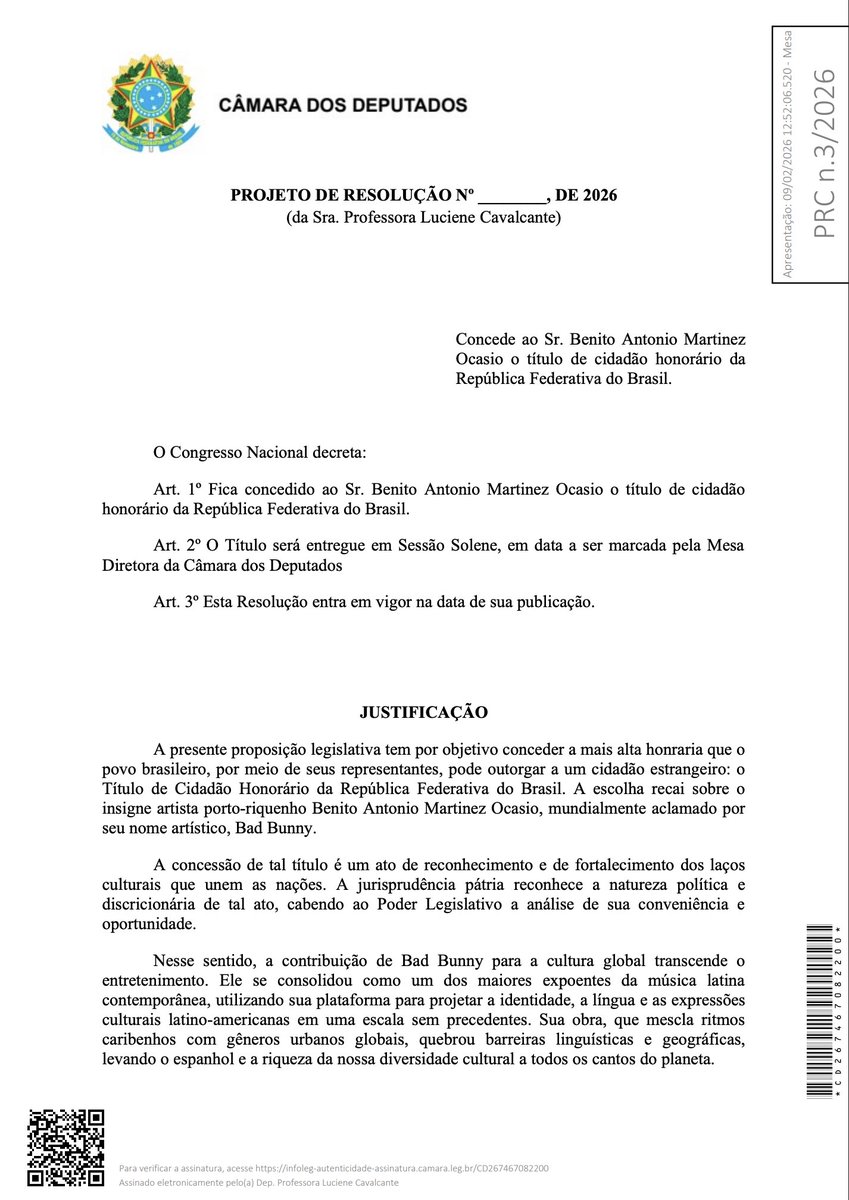 eixopolitico's tweet image. 🇧🇷 Deputada do PSOL quer que o Congresso conceda o título de cidadão honorário do Brasil ao cantor Bad Bunny.

Iniciativa foi apresentada nesta segunda (9) pela deputada Professora Luciene Carvalho (PSOL/SP). O cantor se apresenta em São Paulo nos dias 20 e 21 de fevereiro.