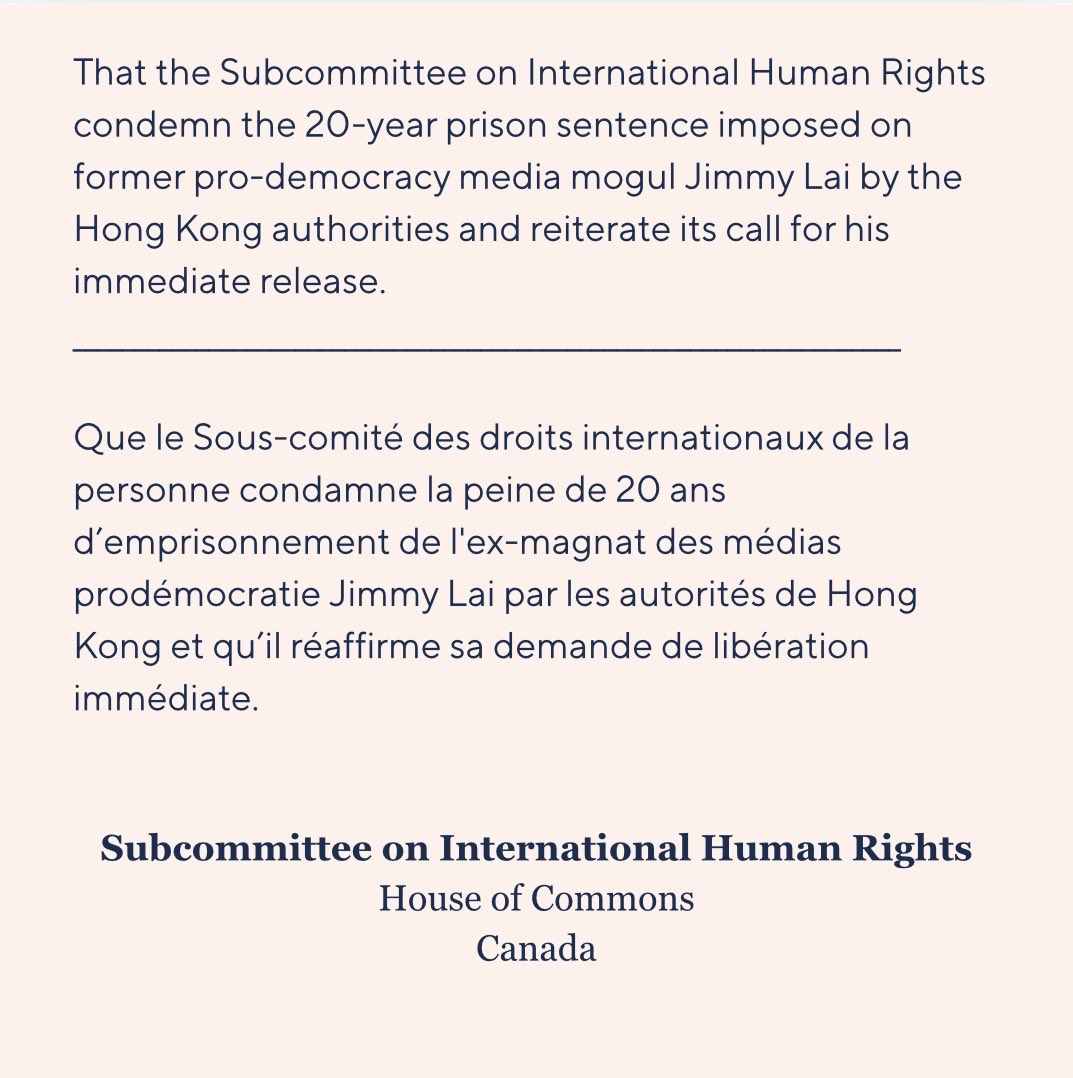 shuvmajumdar's tweet photo. Today, the Subcommittee on International Human Rights unanimously passed a motion condemning the 20-year prison sentence imposed on Jimmy Lai and reaffirming our call for his immediate release.  

Jimmy Lai is a prisoner of conscience. His only “crime” was standing up for freedom, democracy, and a free press in Hong Kong.  

Canada must continue to speak with moral clarity and hold the CCP to account for its repression and brutality. 

@KronisTamara @freddaviescpc @Alduceppe @F_ElKhoury @anitavandenbeld @adhillonDLL @SameerZuberi