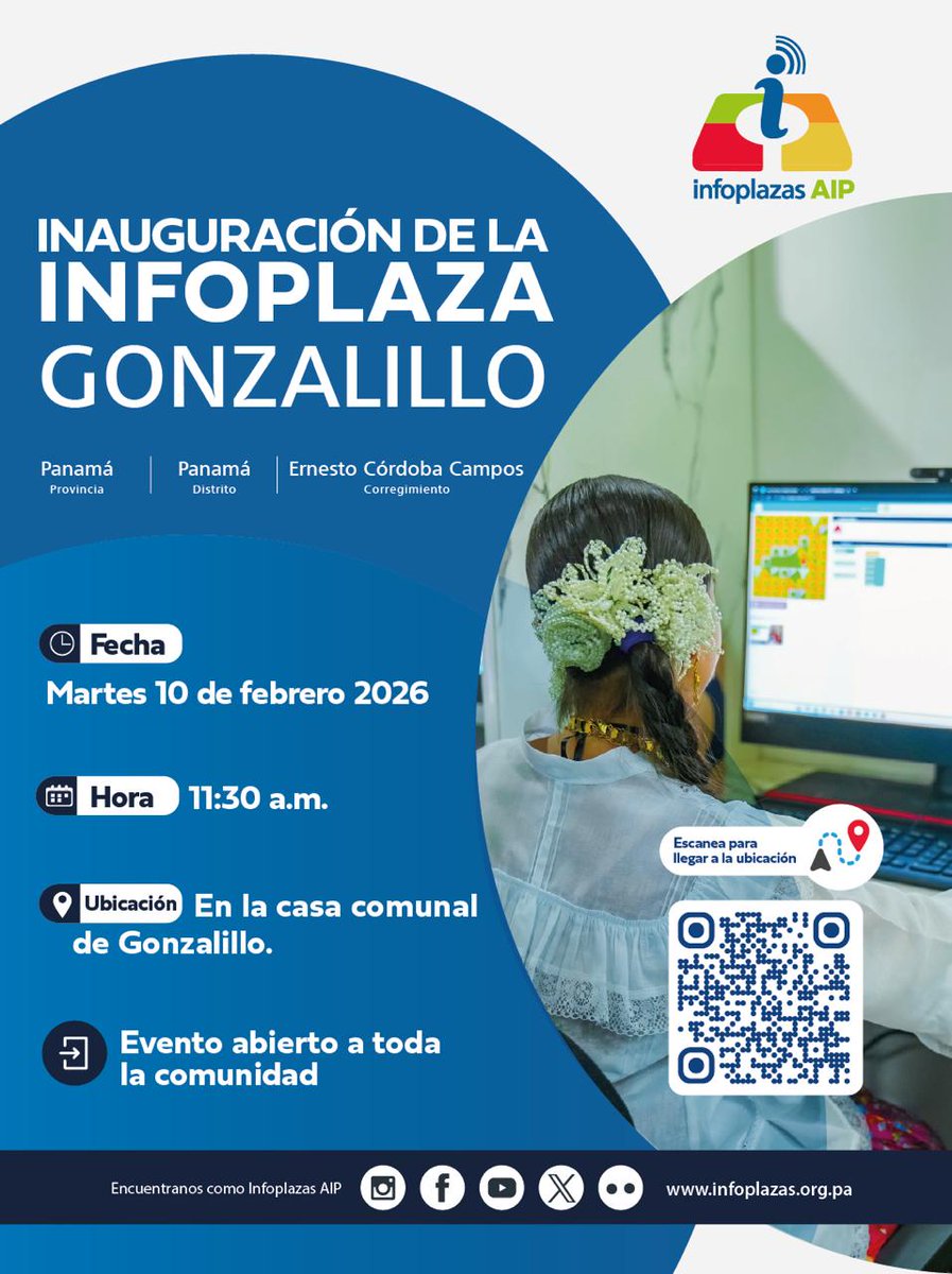 Infoplazas_AIP's tweet photo. Infoplazas: Mañana se inaugura oficialmente la Infoplaza Gonzalillo en el corregimiento de Ernesto Córdoba Campos.
Un nuevo punto de acceso tecnológico al servicio de la comunidad. ¡Asiste y conoce tu nueva Infoplaza! 💻🇵🇦

#InfoplazasAIP #Panamá #BrechaDigital https://t.co/lF5xHS5UU1
