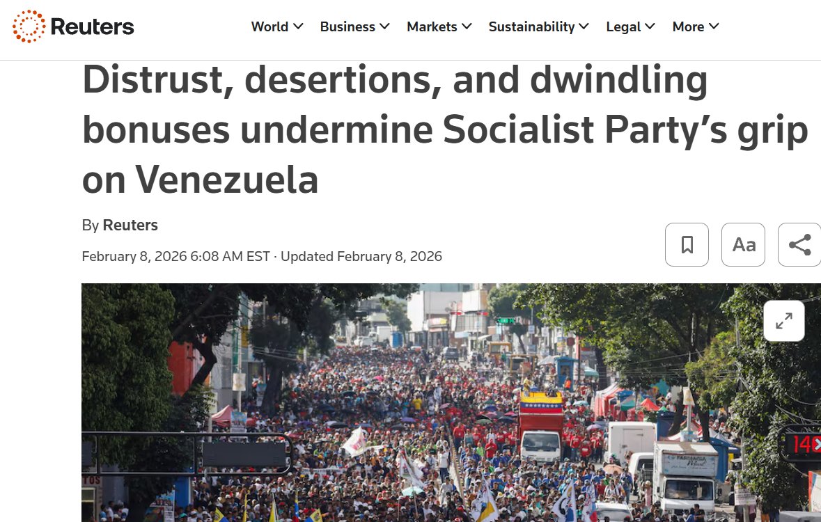 🚨 ¡ÚLTIMA HORA VENEZUELA! 🚨🇻🇪

URGENTE — ¡LO ÚLTIMO! 🇻🇪 🇺🇸

Reuters reporta que los propios seguidores del chavismo comienzan a desertar y a críticar al régimen, y que incluso, sus propios partidarios no confían en Delcy Rodríguez.