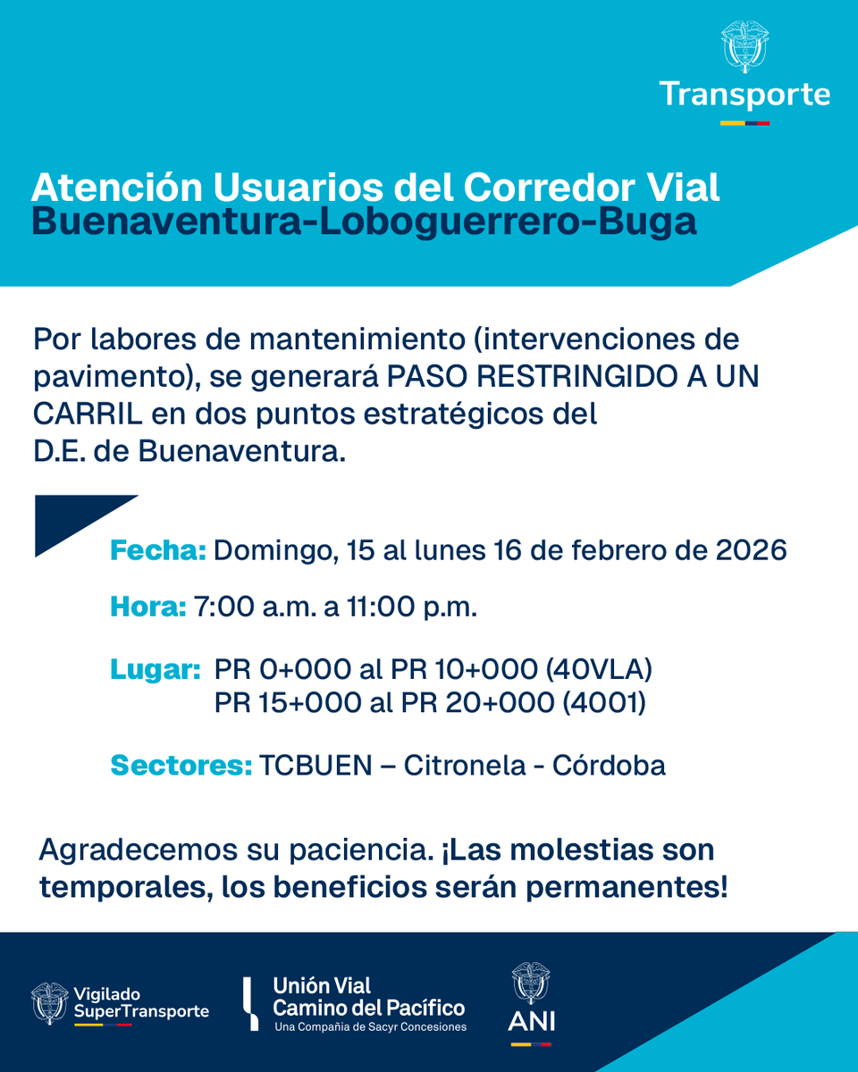 🚧 Atención usuarios del corredor Buenaventura – Loboguerrero – Buga 🚧

Por labores de mantenimiento vial (intervenciones de pavimento), se presentará paso restringido a un carril en dos puntos estratégicos del Distrito Especial de Buenaventura.
