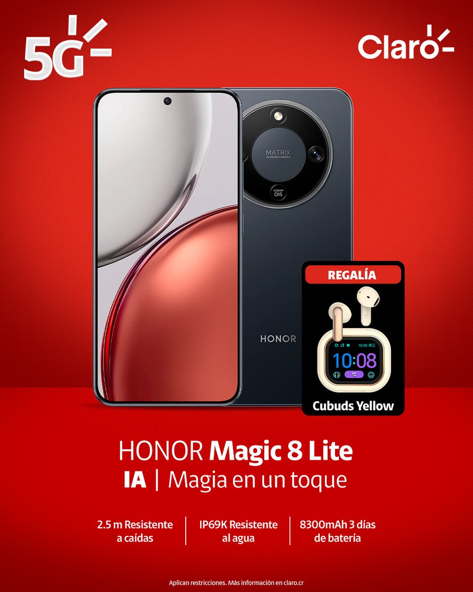 ¡Estrená el HONOR Magic 8 Lite con la red 5G de Claro! 📱
Reservalo hoy y llevate GRATIS unos HONOR Choice Earbuds para que disfrutés tu música al máximo. 🎧

¡Aprovechá la preventa en el Centro de Atención más cercano y sé de los primeros en tenerlo!  🔗 claro.cr