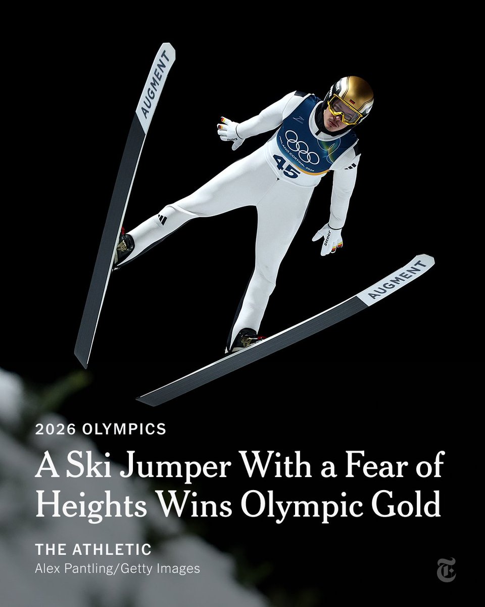 nytimes's tweet image. From @TheAthletic: The German ski jumper Philipp Raimund has battled a fear of heights and had to pull out of a World Cup race last year due to it. On Monday, he won gold at the Winter Olympics, landing with a scream to a crowd going wild. nyti.ms/4trUl7K