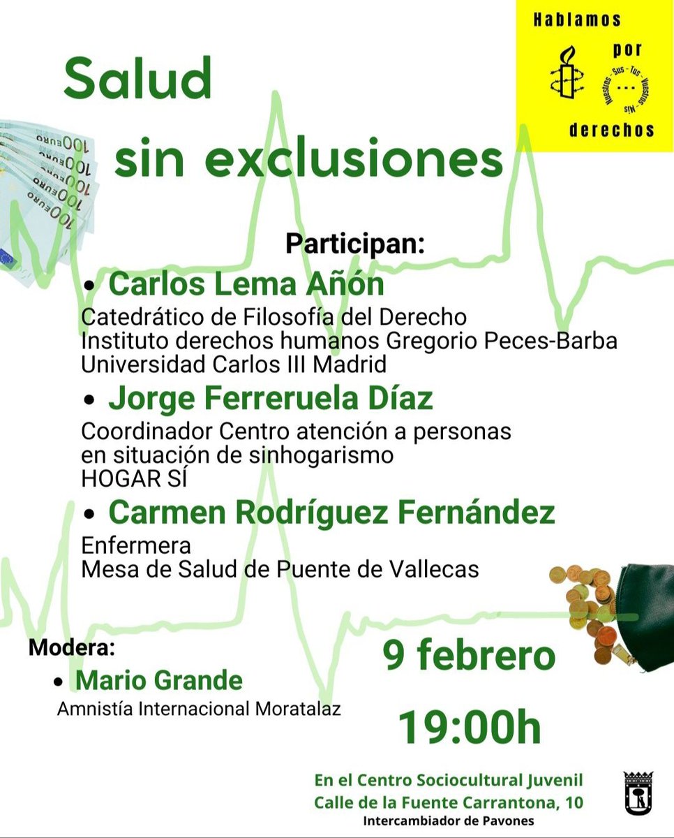 SALUD SIN EXCLUSIONES
(Moratalaz 09/02)
A pesar del Pacto Internacional de Derechos Económicos, Social. y Cultur.(ONU-1966 y la Constit. Esp.-art. 43), la desigualdad y la pobreza siguen afectando al derecho a la salud en España. Cf. Real Decreto Ley 16/2012.