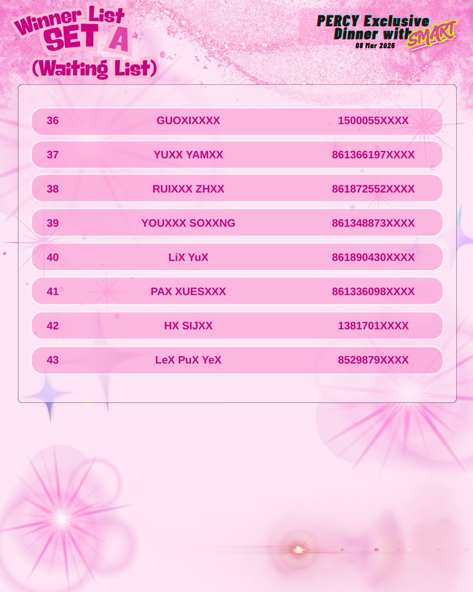 ประกาศรายชื่อสำรอง
#PERCYxSMART  
PERCY Exclusive Dinner with SMART CSNP 𝗦𝗘𝗧 𝗔 (waiting list)- 8 pax
#smartcsnp #CSNP
- ผู้ที่มีรายชื่อสำรองตามประกาศ โปรดตรวจสอบ E - Mail ที่ได้ทำการลงทะเบียน หรือสามารถติดต่อยืนยันสิทธิ์กับแอดมินทาง
Line Official : <a href="/percyofficial/">Robert Plant</a> 
-