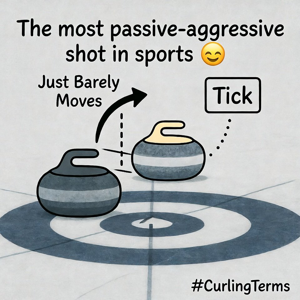Curling Lingo for People Who've Never Watched #25
Tick = a tiny takeout that just barely moves an opponent's guard a few inches to open a path. The most passive-aggressive shot in sports 😂🥌 #CurlingTerms
