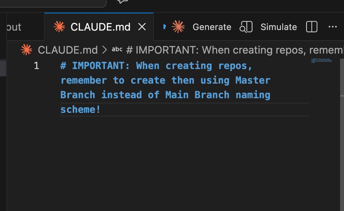 IMPORTANT CLAUDE TIP: it is important that CLAUDE.md contains essentials such as prompting claude code to use Master branch by default instead of Main branch