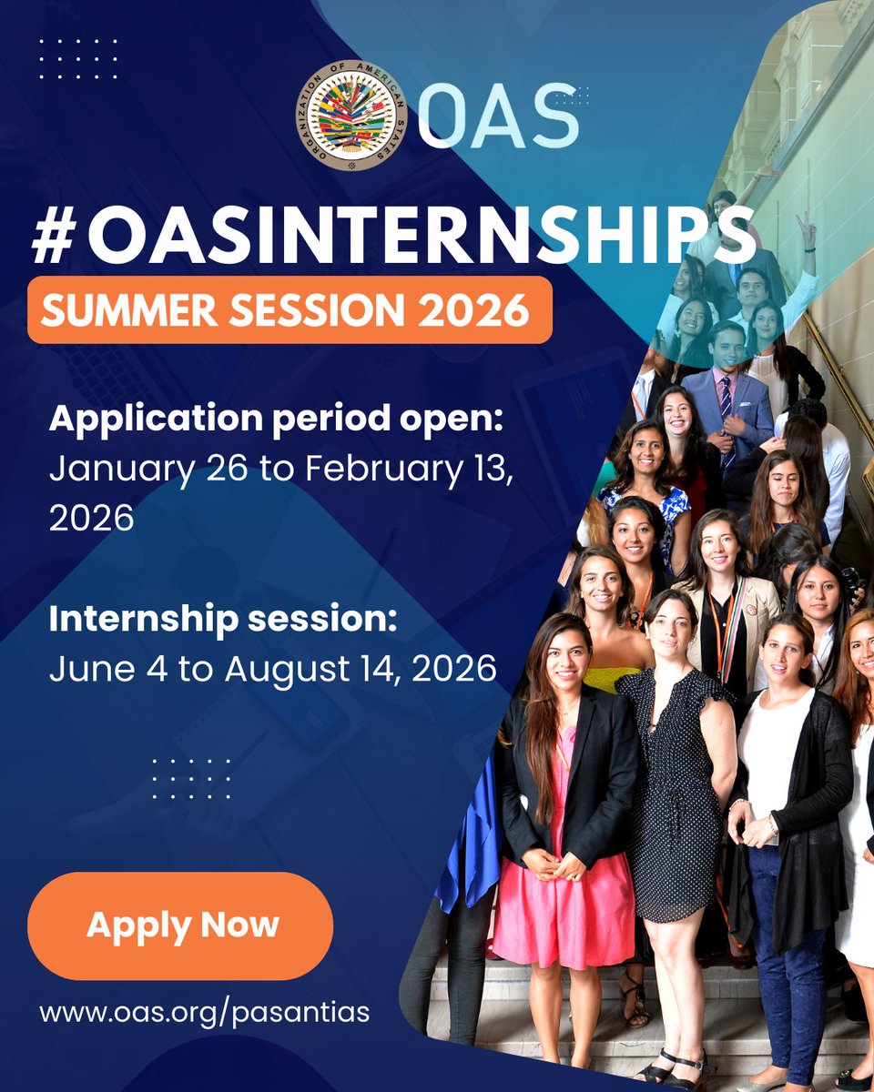 OAS_official's tweet photo. 📢 Last days to apply for the #OASInternship!
🌐 In-person and virtual opportunities in Washington DC and Member States Offices.
🗓️ Deadline: February 13, 2026
👉 https://t.co/7n3d52h1Wf
⚡ Don’t miss this opportunity to be part of the #OAS! https://t.co/w24zOyRwK5
