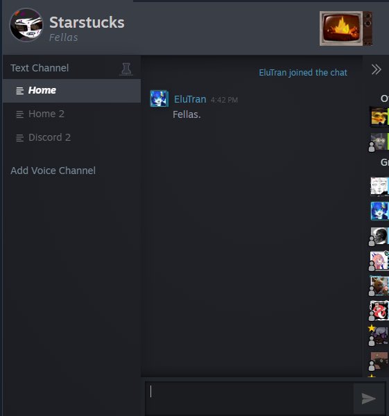 bros… steam group chats actually formatted like fuckin discord with channels and voice channels 

the new meta…?!