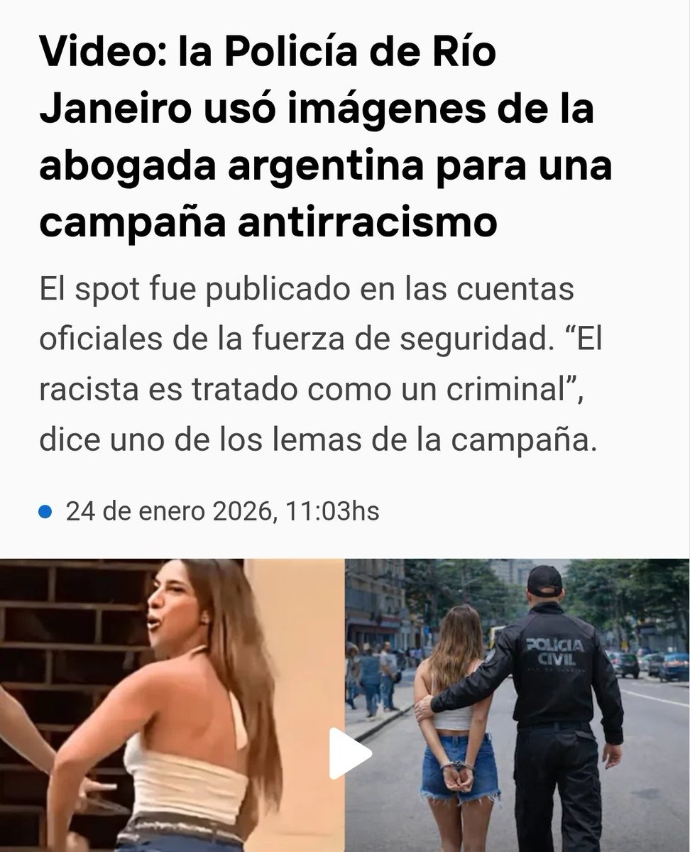 ¿Dónde está la presunción de inocencia?
Esto es una flagrante y escandalosa violación de los DDHH de una compatriota
Que la policía Brasilera la trate de racista sin juicio previo anula sus posibilidades de defensa en juicio.
Es hora de una seria reacción del gobierno argentino.
