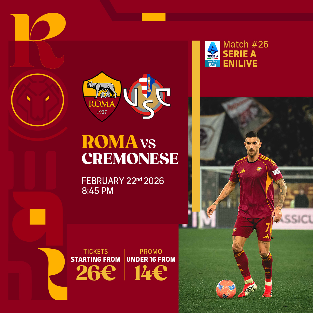 Our next home game will be against Cremonese! 🏟️

It's scheduled for a 20:45 CET kick-off on 22 February 🗓️

Get your ticket now!
🎟️ asroma.com/en/tickets/men

#ASRoma