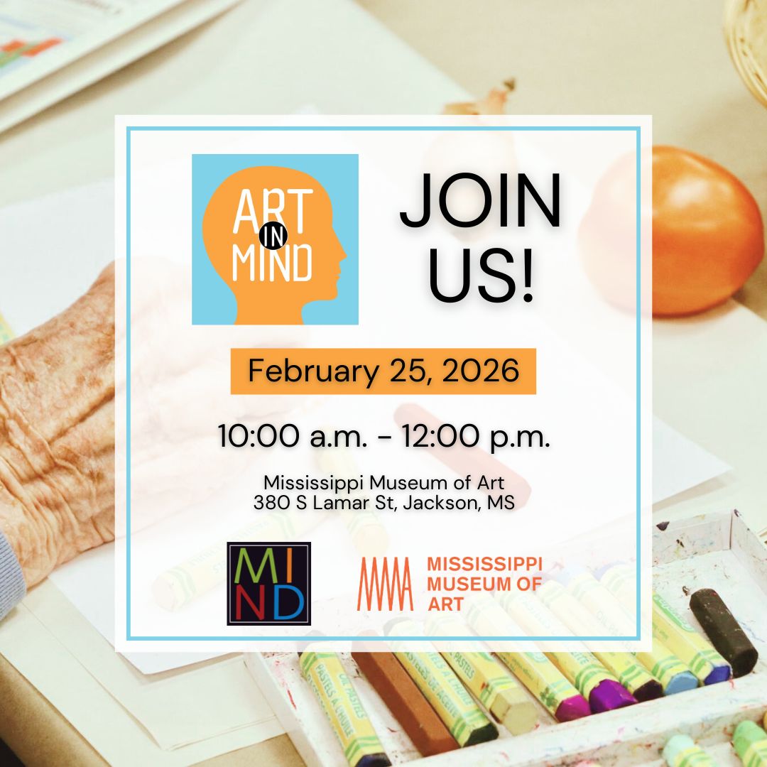 TheMINDCenter's tweet photo. 🎨🧠 Join us for Art in Mind on Feb. 25!
A free, interactive art therapy program for individuals with memory loss or mild cognitive impairment and their care partners.

📅 Feb 25, 2026 | ⏰10am–12pm
📍 Mississippi Museum of Art

Register: 601‑496‑MIND (6463) or MINDClinic@umc.edu https://t.co/mk9L3tsMZE