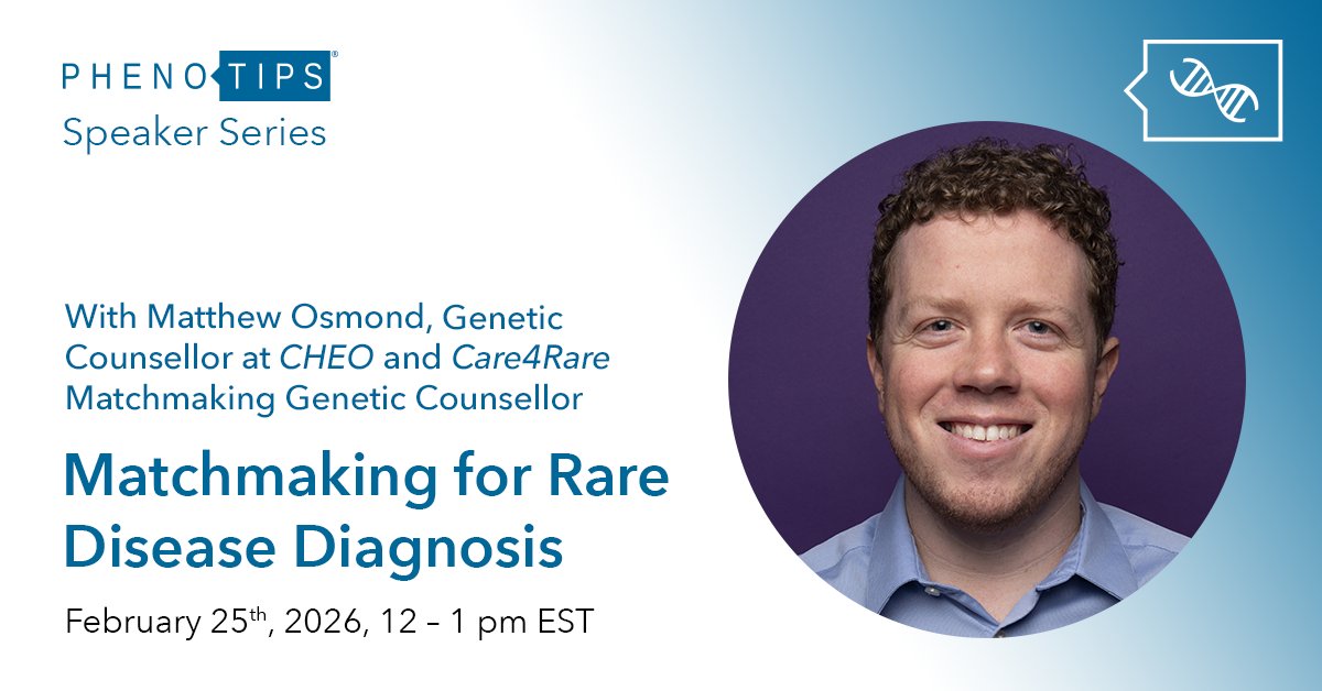 PhenoTips's tweet image. To celebrate #RareDiseaseDay, we've invited @MattOsmond6, @CHEO Genetic Counsellor &amp;amp; @C4RCanada Project Manager, to join a #SpeakerSeries panel on "#Matchmaking for #RareDisease Diagnosis".

Join Matthew and other #PatientMatchmaking pioneers live: us06web.zoom.us/webinar/regist…