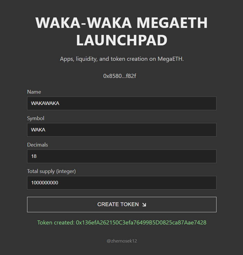zhernosek12's tweet photo. My first app on MegaETH: https://t.co/RZh5ycg9ih

WAKA-WAKA MegaETH Launchpad

@megaeth https://t.co/rKluCxcY03