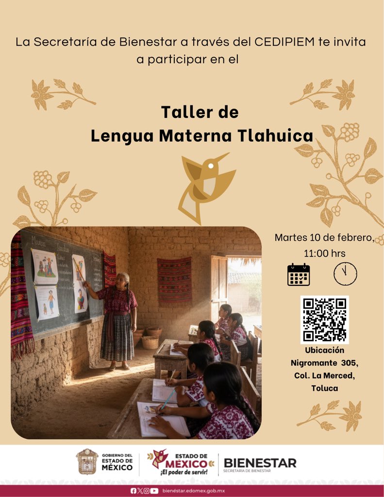 ¿Sabías que cada palabra cuenta una historia? 

Ven a aprender y preservar la lengua Tlahuica este próximo martes. 

Hagamos que nuestra identidad siga resonando con fuerza.

• Taller de Lengua Materna: 11:00 am.
📍 Lugar: Instalaciones de CEDIPIEM.
¡Te esperamos!
#PoderDeServir