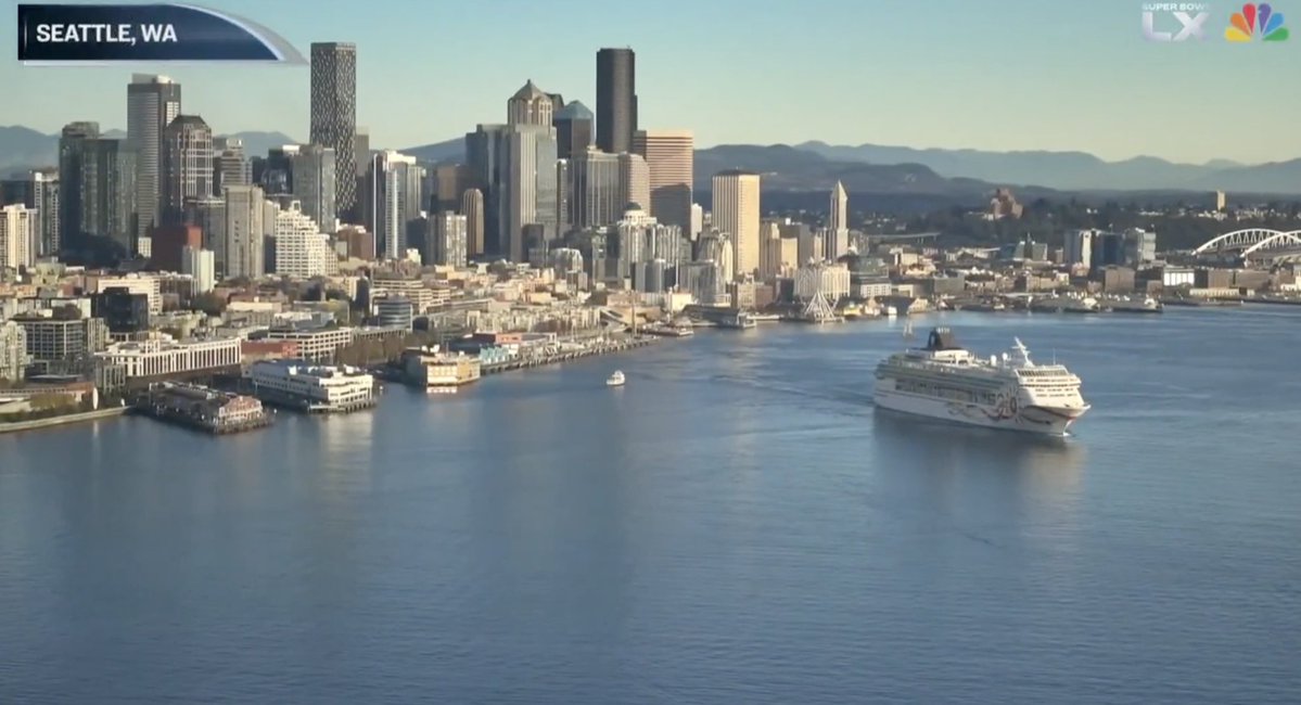 Still mad that NBC used an old (and out of season) shot of Seattle during Super Bowl LX, and pretended it was live.

1) Cruises don’t leave Seattle in February. 

2) That’s the Norwegian Sun, currently sailing SE Asia. Hasn’t been in Seattle since 2024.
