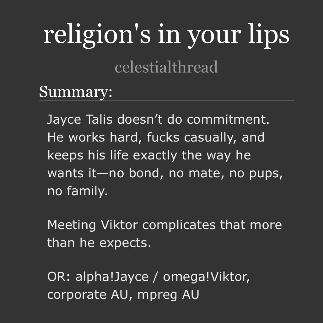 CelestialThrea's tweet photo. #jayvik rated E

alpha!Jayce / omega!Viktor, corporation AU, mpreg AU

https://t.co/rXEnlsblMi https://t.co/PjSGcE3EOA