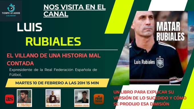 halamadrid123's tweet photo. https://t.co/M1UeMiAONh 🚨📷 MARTES 10 DE FEBRERO ESTARA CON NOSOTROS EN EL CANAL ;  LUIS RUBIALES ex presidente de la Real Federación Española de Fútbol. @AS_Tavero @salva_martin @damiancasol
y un servidor os esperamos A LAS 20H 15 MIN https://t.co/Z7yWEZ1Ftj