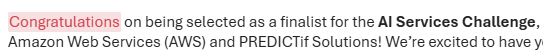 🚀GOOD NEWS: 

Thrilled to announce <a href="/optovancelabs/">Optovance Labs</a> has been selected as a finalist for the JPEC AI Services Challenge, sponsored by AWS &amp; PREDICTif.