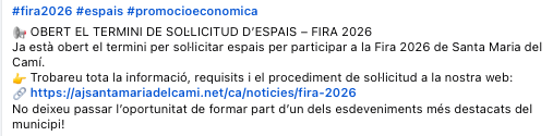 AjStaMariaCami's tweet photo. #fira2026 #espais #promocióeconòmica 
#santamariadelcamí 
✅ https://t.co/NHOAp7pCbQ https://t.co/G1UMihovsR