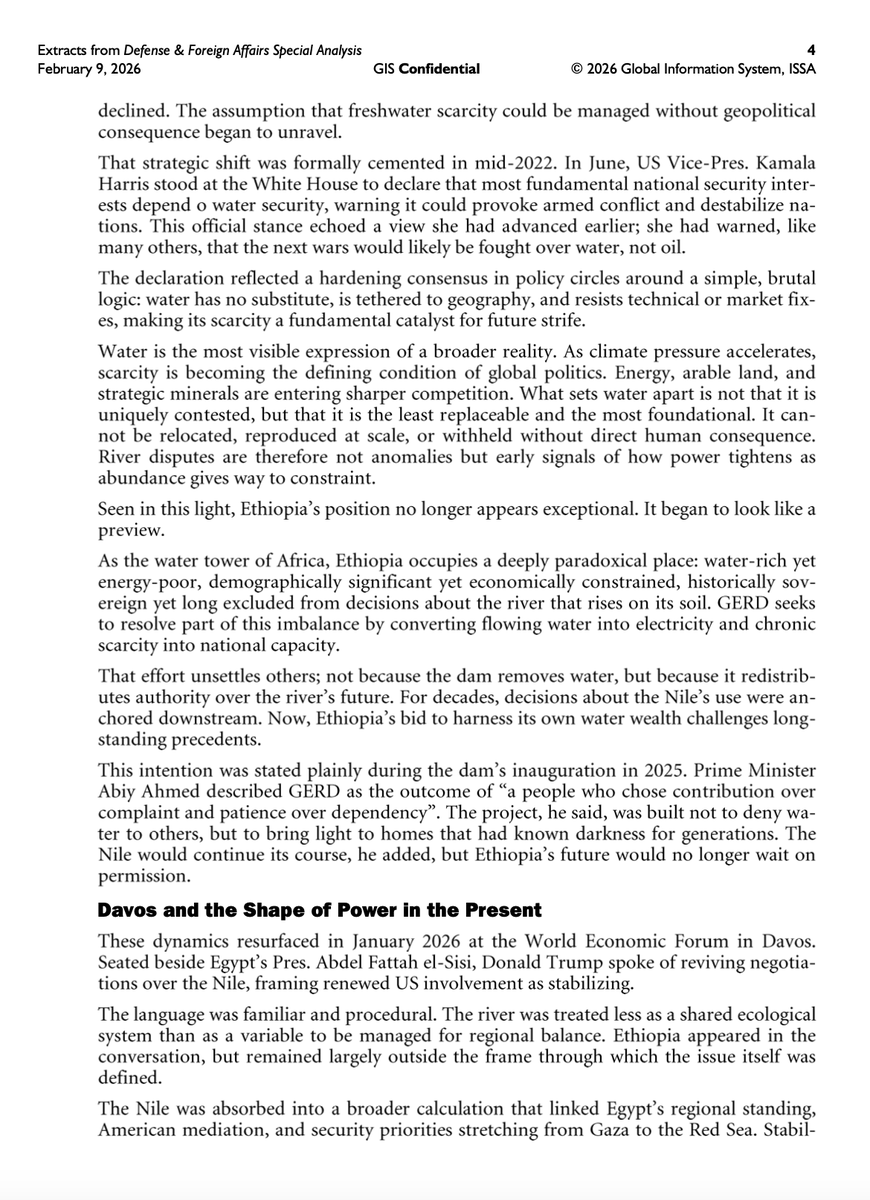 ewondimu's tweet photo. I’m pleased to share that my article, “Ethiopia and the Nile: Water, Power, and a Changing World Order,” was published yesterday in Extracts from Defense &amp; Foreign Affairs Special Analysis (GIS Confidential, Vol. LIV, No. 4) by the International Strategic Studies Association. https://t.co/dotNEvKgDA